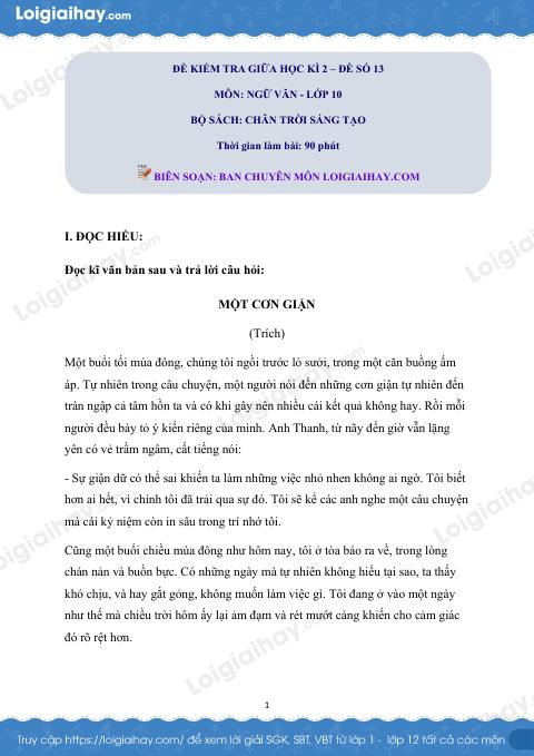Đề thi giữa kì 2 Văn 10 Chân trời sáng tạo - Đề số 13